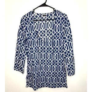 MudPie Tunic Small Nautical Blue Geo Cotton V-Neck Blouse Lightweight Cover Up S